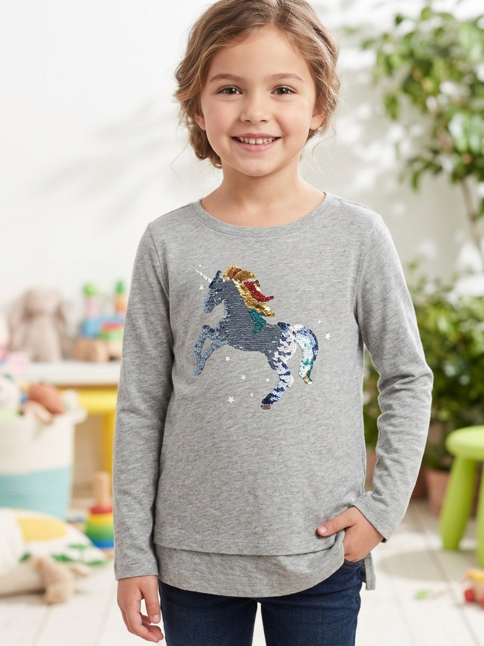 GAP Gray Long-Sleeve Sequin Unicorn Tee